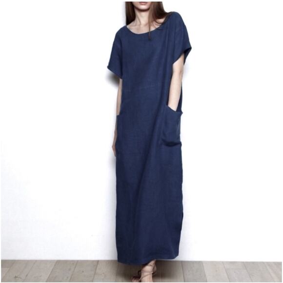 Christy Dawn Seaton Navy 100% Linen Maxi Dress XS/S Oversized Sustainable Boho - Picture 1 of 4